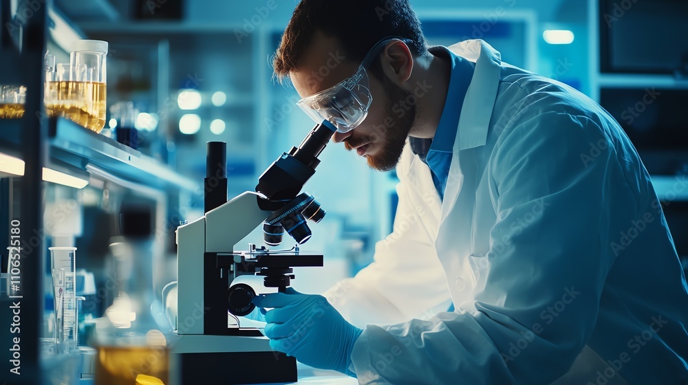 A scientist in a lab coat looks through a microscope in a lab. A scientist in a lab coat looks through a microscope in a lab.