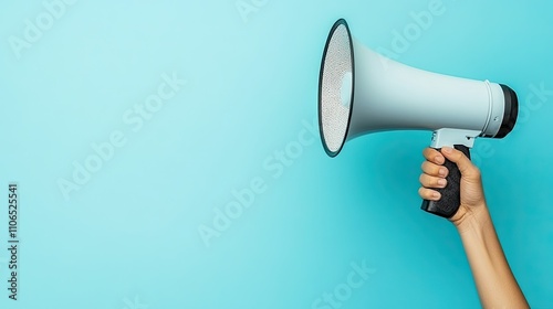 Hand Holding Light Blue Megaphone on Solid Turquoise Background