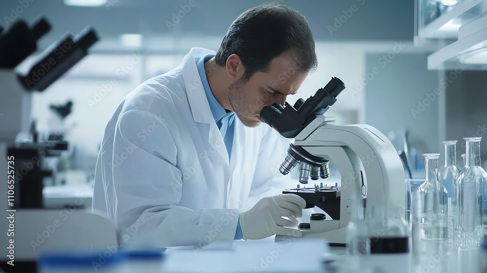 A scientist in a lab coat looks through a microscope in a lab. A scientist in a lab coat looks through a microscope in a lab.