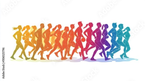 Vibrant Silhouette of Diverse Group Running Together in a Colorful Gradient Displaying Motion, Energy, and Strength for Fitness and Wellness Concepts