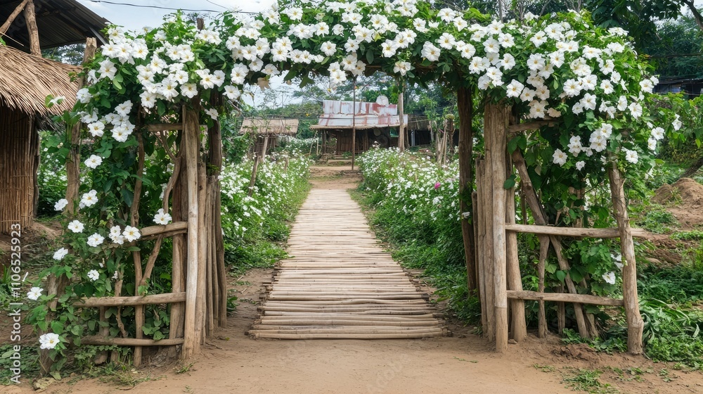 Beautiful Garden Entrance with Blooming White Flowers and Pathway Beautiful Garden Entrance with Blooming White Flowers and Pathway
