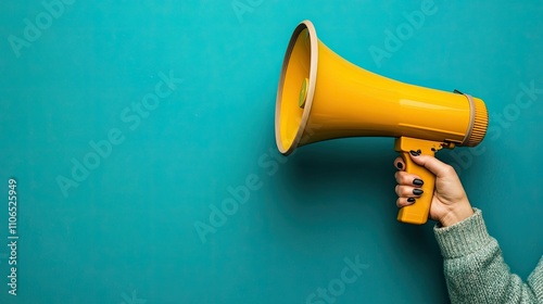 Bright Yellow Megaphone Against a Vibrant Turquoise Background photo