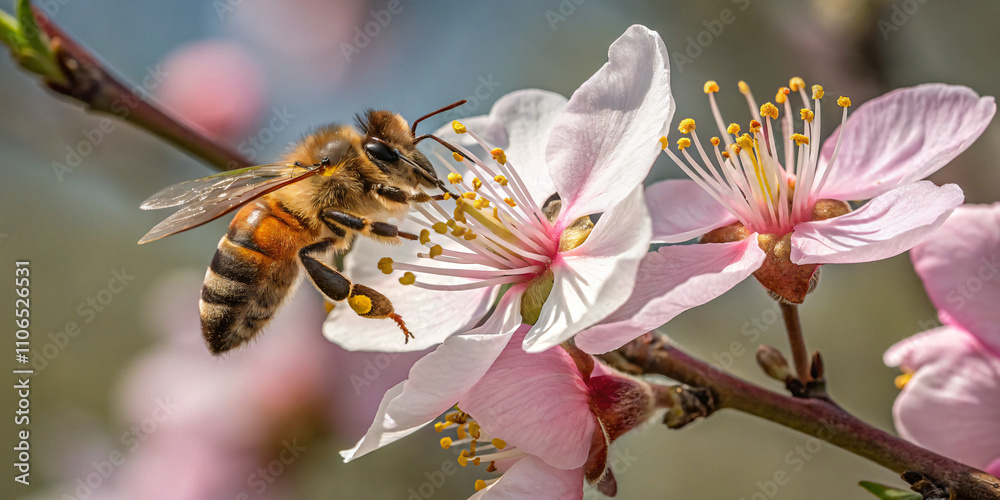 close-up of a honeybee collecting nectar from a fresh bloom close-up of a honeybee collecting nectar from a fresh bloom