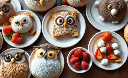 cute owl-themed pastries, arranged on plates, surrounded by strawberries and marshmallows, whimsical food art, playful presentation, colorful and appetizing, detailed texture, bright and cheerful scen photo