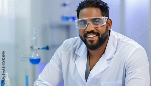 Joyful scientist in lab environment, professional research and innovation.