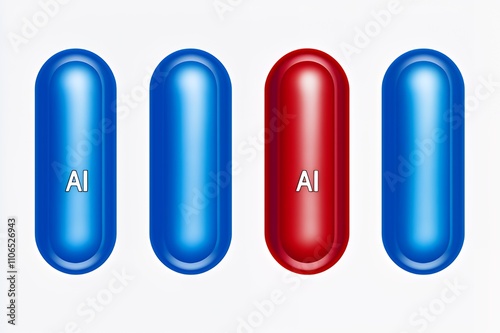 Four capsules, two blue and one red, with "AI" inscribed on them, suggesting a theme of technology.