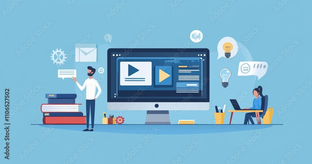 Digital Illustration of Modern Workspace and Video Learning Conference with Team Collaboration Digital Illustration of Modern Workspace and Video Learning Conference with Team Collaboration
