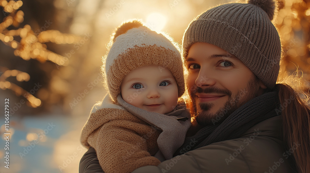 Portrait of a happy family with one baby in winter , golden hour lighting, a beautiful landscape, soft focus, and warm colors Portrait of a happy family with one baby in winter , golden hour lighting, a beautiful landscape, soft focus, and warm colors