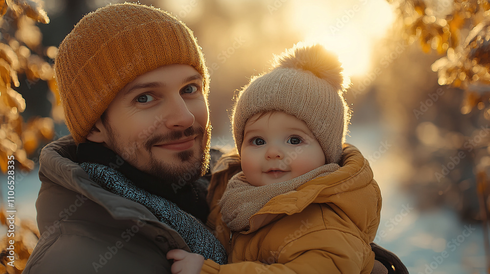 Portrait of a happy family with one baby in winter , golden hour lighting, a beautiful landscape, soft focus, and warm colors Portrait of a happy family with one baby in winter , golden hour lighting, a beautiful landscape, soft focus, and warm colors