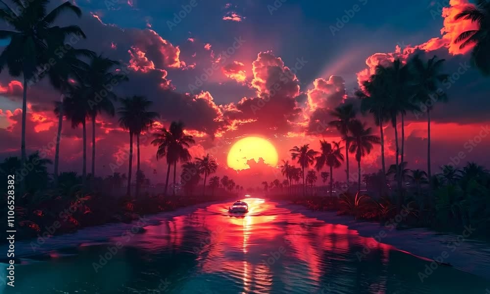 A car drives through a tropical sunset scene with palm trees lining the water.