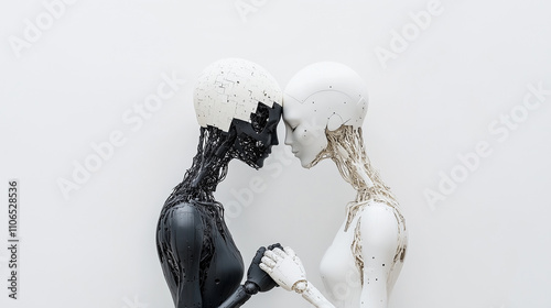 A symbolic depiction of two humanoid robots in contrasting black and white designs, facing each other intimately with interlocked hands, representing unity and technological duality. photo