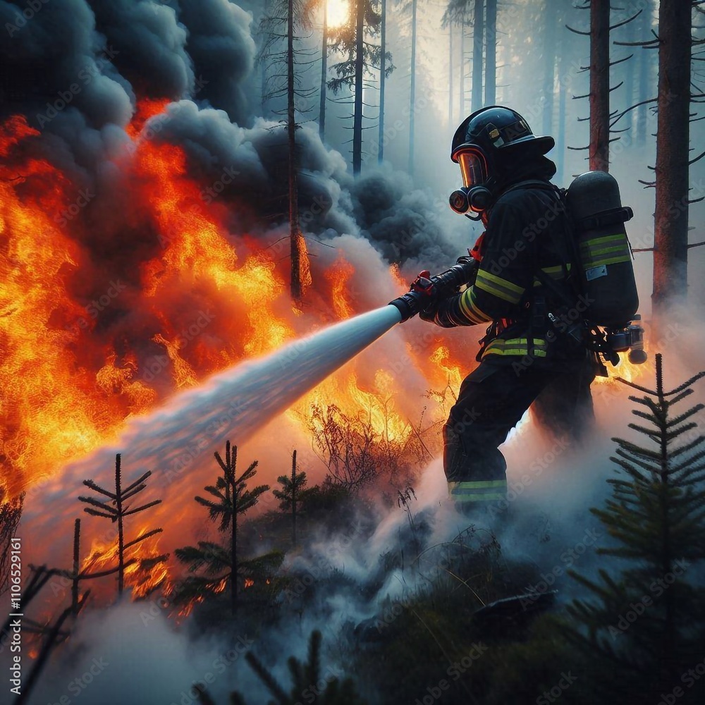 Obraz premium Firefighter Battling a Fierce Forest Fire with Bravery and Resilience