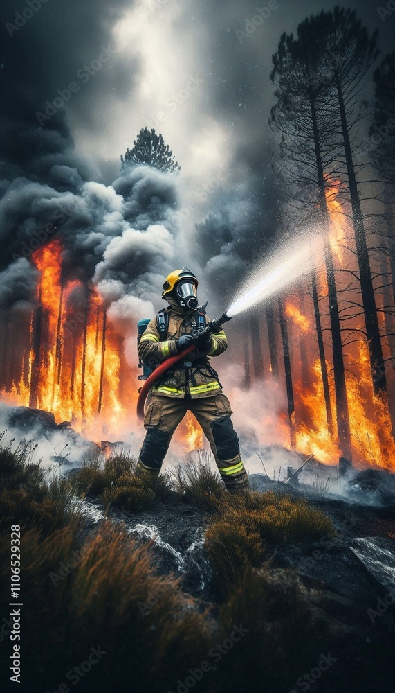 Obraz premium Firefighter Battling a Fierce Forest Fire with Bravery and Resilience