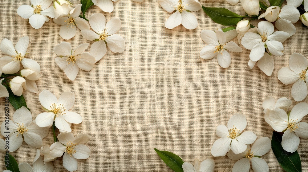 Delicate White Flowers on Beige Linen Background for Spring Decor Delicate White Flowers on Beige Linen Background for Spring Decor