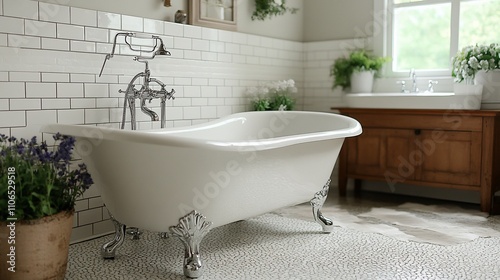 Clawfoot bathtub in a farmhouse bathroom with subway tiles. photo