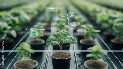 A young plant in a futuristic farming setup with digital overlays showing data analysis, highlighting artificial intelligence's role in precision agriculture and sustainable food production. photo