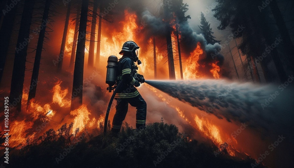Fototapeta premium Firefighter Battling a Fierce Forest Fire with Bravery and Resilience