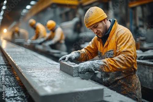 Industrial Worker Placing a Concrete Block