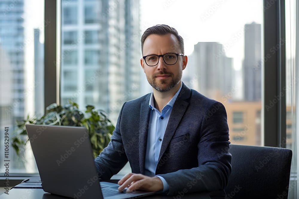 Businessman working on laptop in modern office. Concept of professional, productivity, and success. Businessman working on laptop in modern office. Concept of professional, productivity, and success.