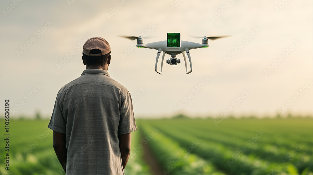A farmer in a cap observes an AI-controlled drone hovering over a vast crop field under a soft, overcast sky, highlighting the role of advanced technology in modern precision agriculture. A farmer in a cap observes an AI-controlled drone hovering over a vast crop field under a soft, overcast sky, highlighting the role of advanced technology in modern precision agriculture.