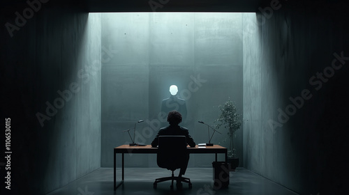 A minimalist workspace features a person seated at a desk facing a glowing AI-powered virtual assistant projection in a dimly lit, futuristic room, emphasizing advanced technology integration. photo