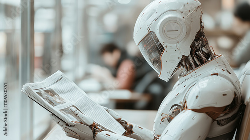 A humanoid robot with a sleek white design sits in a modern café, deeply engrossed in reading a physical newspaper, showcasing advanced AI capabilities in a social environment. photo