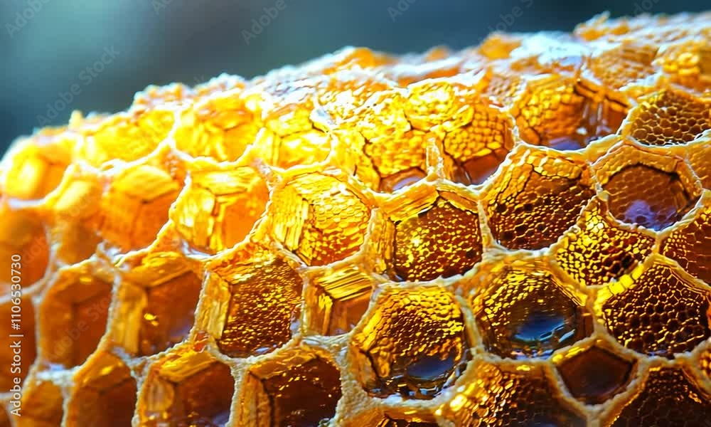 A close-up of a honeycomb with golden honey glistening in the cells.