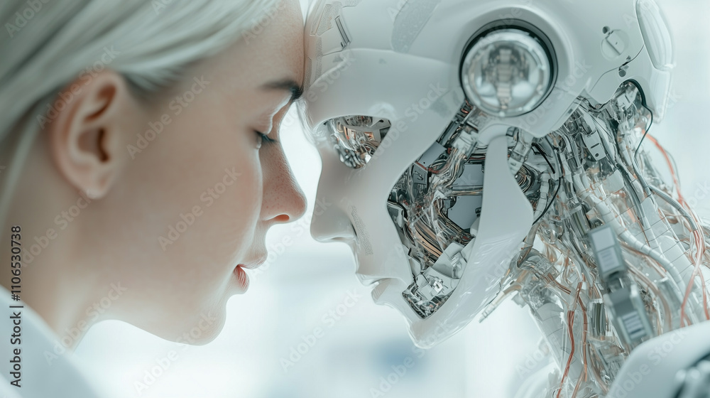 A profound moment of connection between a human and a highly advanced AI-powered robotic assistant, illustrating the integration of artificial intelligence in futuristic technology. A profound moment of connection between a human and a highly advanced AI-powered robotic assistant, illustrating the integration of artificial intelligence in futuristic technology.