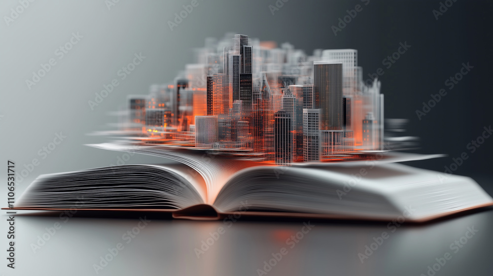Fototapeta premium A futuristic e-book with a glowing orange cityscape projection emerging from its pages, symbolizing AI-driven urban planning and digital innovation in storytelling and technology.