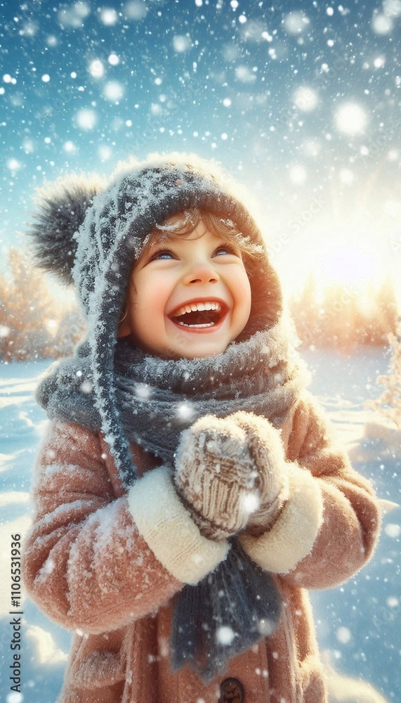 Smiling Child in Cozy Winter Hat and Coat Enjoying Snowfall Smiling Child in Cozy Winter Hat and Coat Enjoying Snowfall