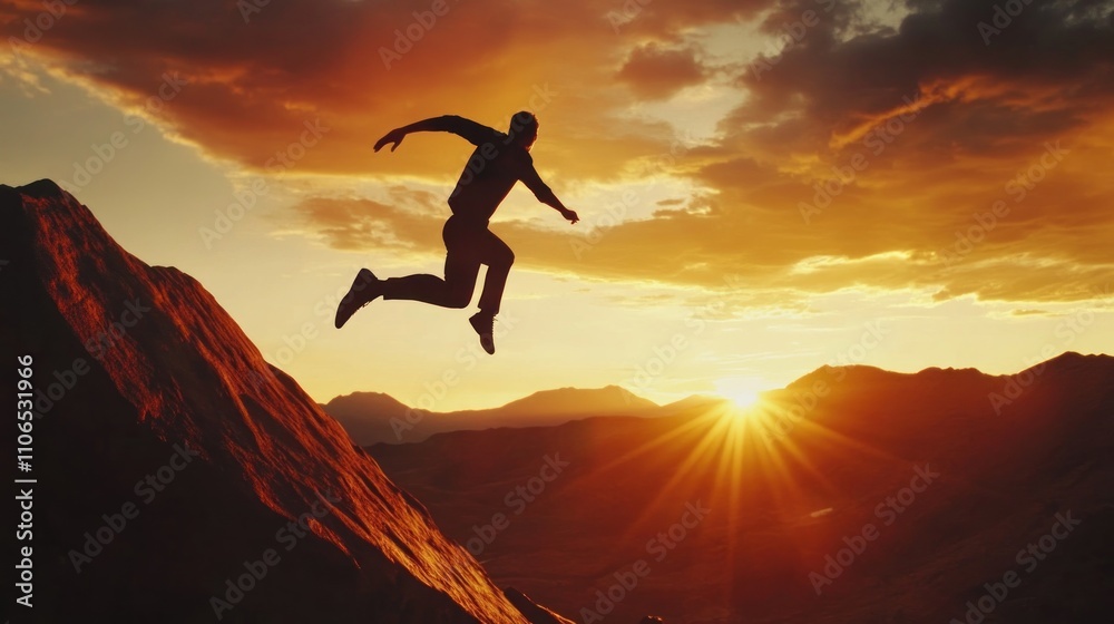 Man Jumping Over Mountain at Sunset Man Jumping Over Mountain at Sunset