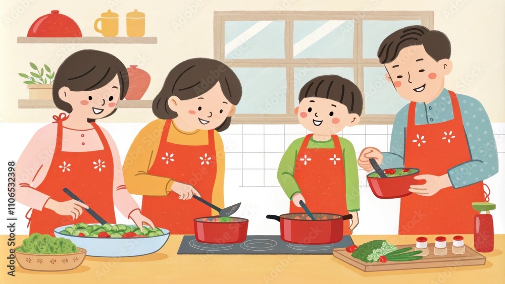 Preparing Traditional Dishes A family of six is in the kitchen all wearing coordinating bright red aprons over their outfits preparing traditional New Year dishes. Their smiles Preparing Traditional Dishes A family of six is in the kitchen all wearing coordinating bright red aprons over their outfits preparing traditional New Year dishes. Their smiles
