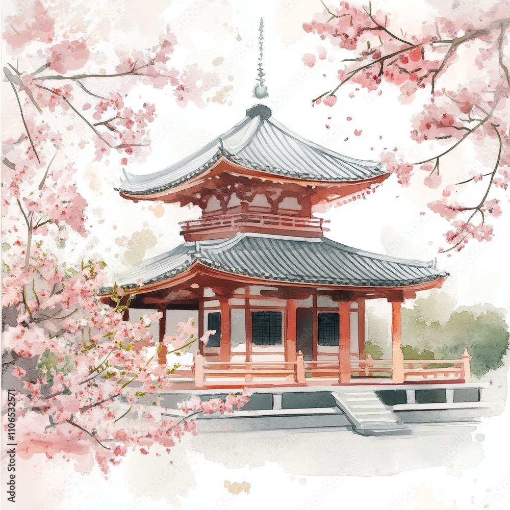 Fototapeta premium Serene Traditional Pagoda Surrounded by Cherry Blossom Trees