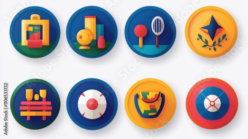 Colorful and Modern Icons Representing Artistic Tools, Sporting Equipment, and Fun Leisure Activities on a Vibrant Background for Creative Projects