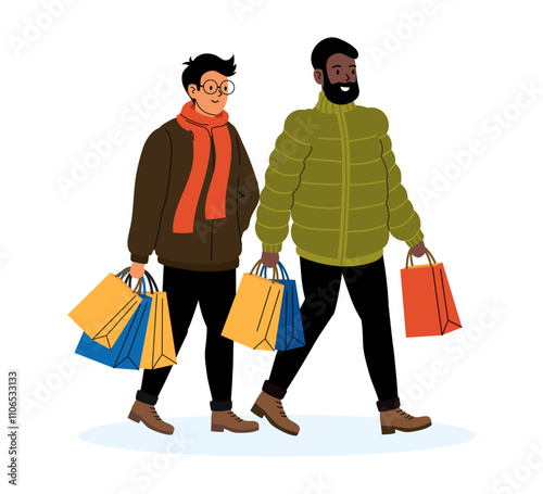 Two friends enjoying a shopping day together while carrying colorful bags