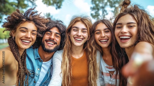Young adults celebrating outdoors taking selfie smiling together in park diverse group of friends enjoying summer fun