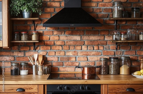 Rustic Kitchen Interior with Brick Wall and Wooden Cabinets Featuring Black Range Hood and Cozy Decor photo