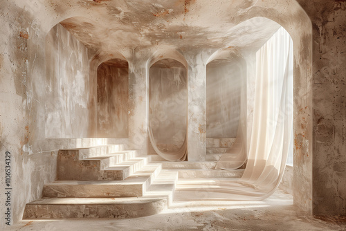 Rustic Beige Interior with Architectural Concrete Steps and Sheer Curtain