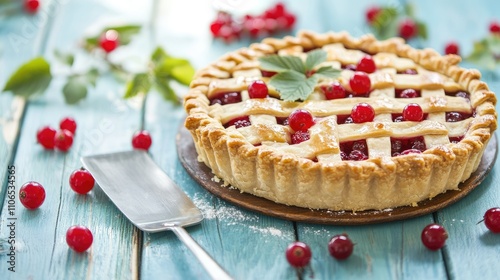 Delicious Homemade Cherry Pie with Fresh Berries and Mint Leaves