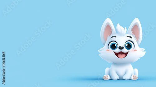 Cute Cartoon Character of a Happy White Pet with Big Blue Eyes