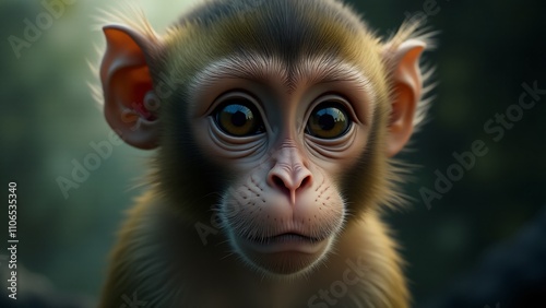 A close-up image of a monkey, focusing on its eyes, facial features, and texture of the fur, surrounded by a soft, blurred background.