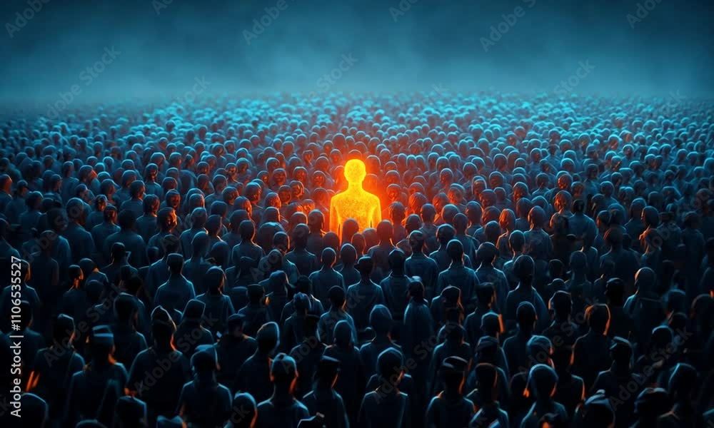 A glowing person stands out in a crowd of dark silhouettes.