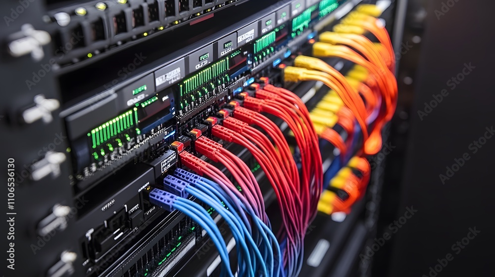 A network of cables with green, red, and yellow wires. The cables are connected to a black box A network of cables with green, red, and yellow wires. The cables are connected to a black box