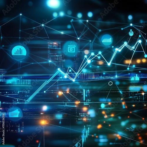Interconnected Innovation and Rising Economic Growth Digital Scene Visualizing the dynamic flow of data and the symbolic representation of technological advancement and economic progress