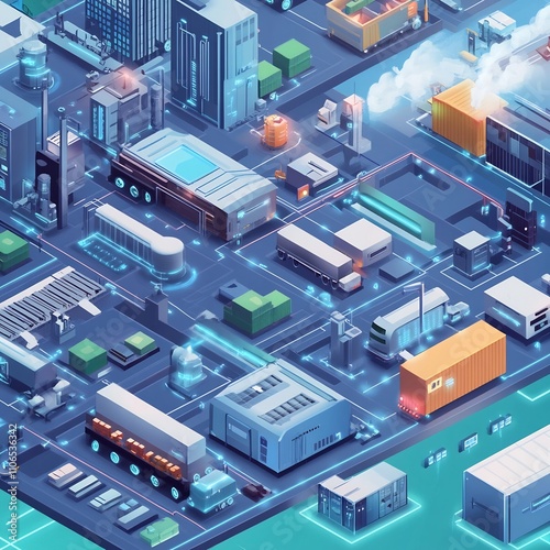 Interconnected supply chain automation with factories warehouses and transportation links in a high tech digital industrial landscape