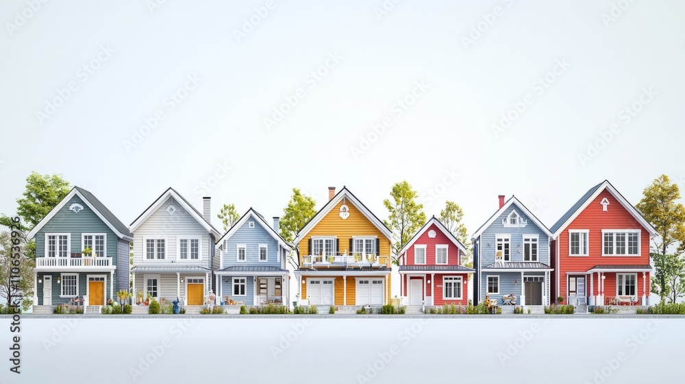 Colorful Row of Charming Houses in Suburban Setting Colorful Row of Charming Houses in Suburban Setting