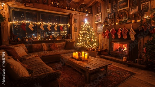 Cozy, festive living room with a Christmas tree, stockings, and candles creating a warm atmosphere.