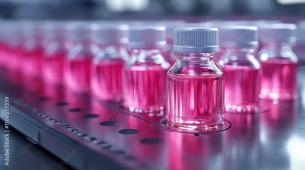 Row of Vials with Pink Liquid Row of Vials with Pink Liquid