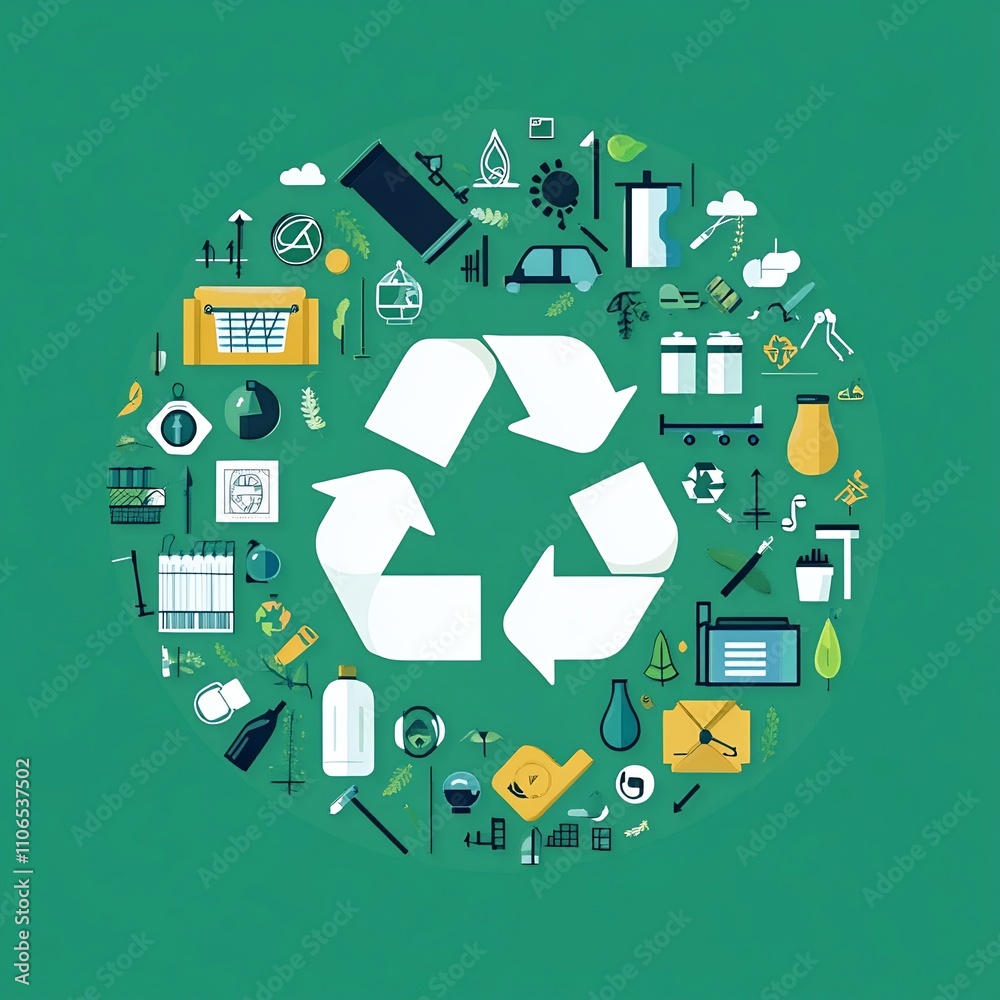 Vibrant of a Recycling Loop Surrounded by Icons Representing Waste Sorting Renewable Resources and Sustainable Practices on a Clean Green Background Vibrant of a Recycling Loop Surrounded by Icons Representing Waste Sorting Renewable Resources and Sustainable Practices on a Clean Green Background