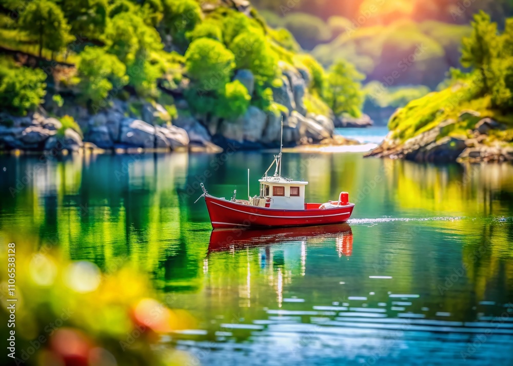 A Serene Scene of a Small Red Fishing Boat Navigating a Tranquil Bay Surrounded by Lush Vegetation and Rocky Shores Under a Soft Bokeh Effect for Enhanced Aesthetic Appeal A Serene Scene of a Small Red Fishing Boat Navigating a Tranquil Bay Surrounded by Lush Vegetation and Rocky Shores Under a Soft Bokeh Effect for Enhanced Aesthetic Appeal